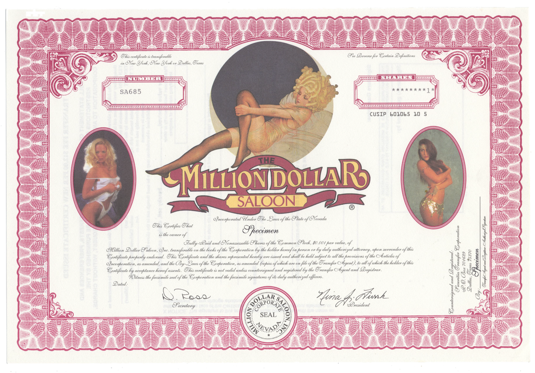 Million Dollar Saloon, Inc. Specimen Stock Certificate