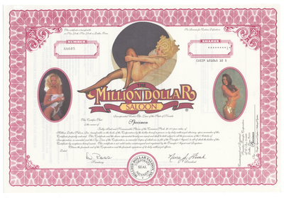 Million Dollar Saloon, Inc. Specimen Stock Certificate