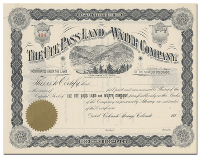 Ute Pass Land and Water Company Stock Certificate