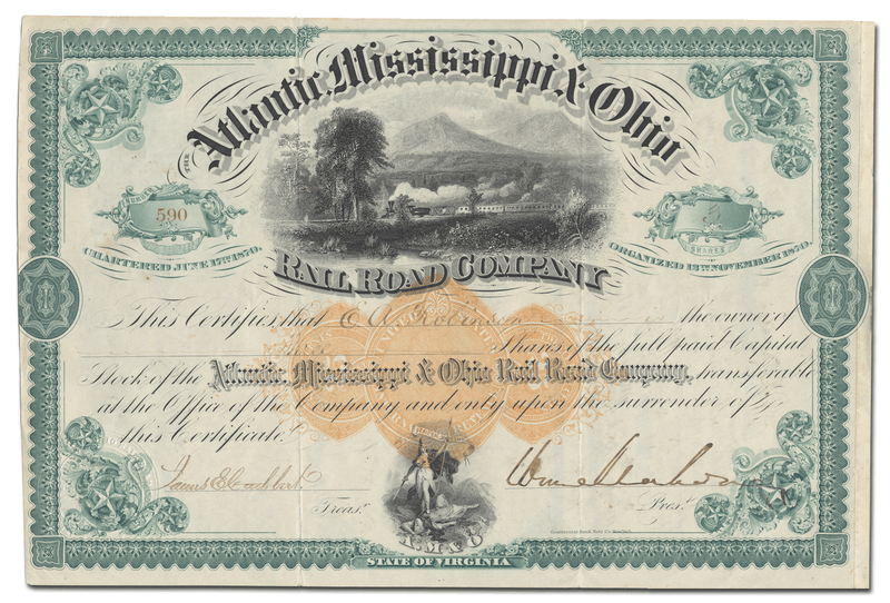 Atlantic, Mississippi & Ohio Rail Road Company Stock Certificate Signed by William Mahone