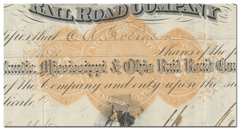 Atlantic, Mississippi & Ohio Rail Road Company Stock Certificate Signed by William Mahone (Revenue Stamp)