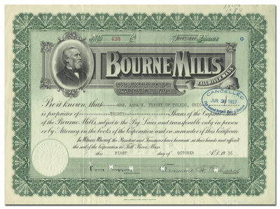 Bourne Mills Stock Certificate