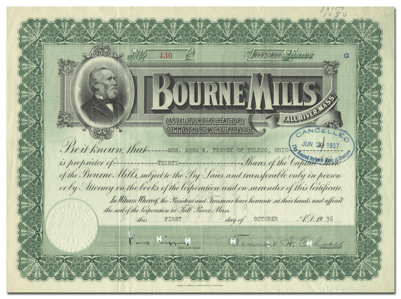Bourne Mills Stock Certificate