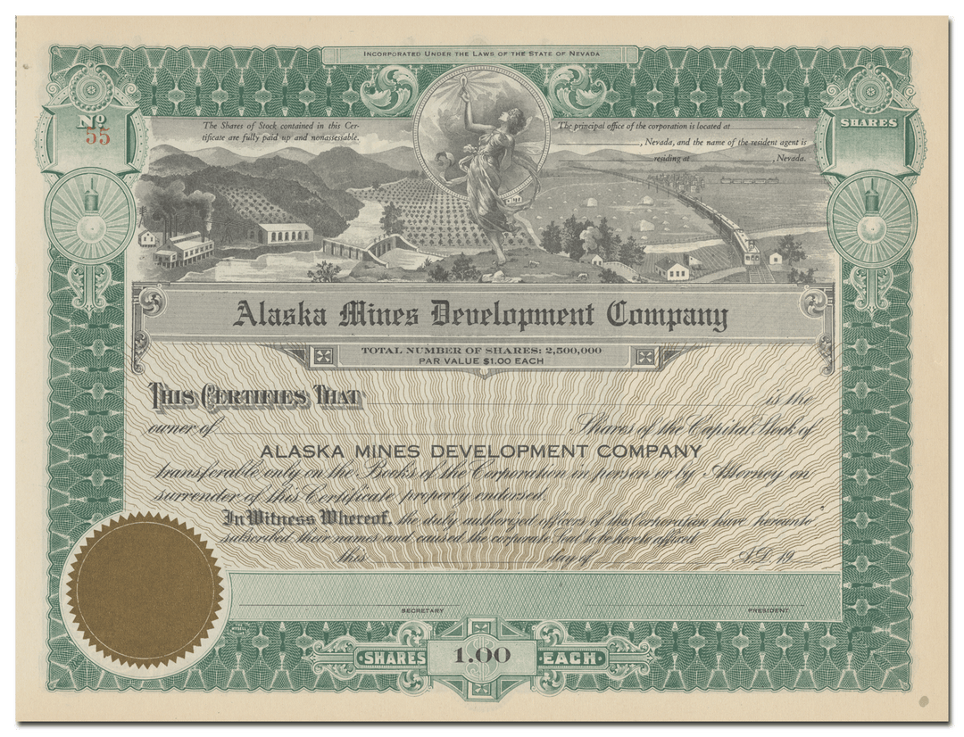 Alaska Mines Development Company Stock Certificate