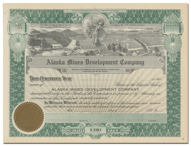 Alaska Mines Development Company Stock Certificate