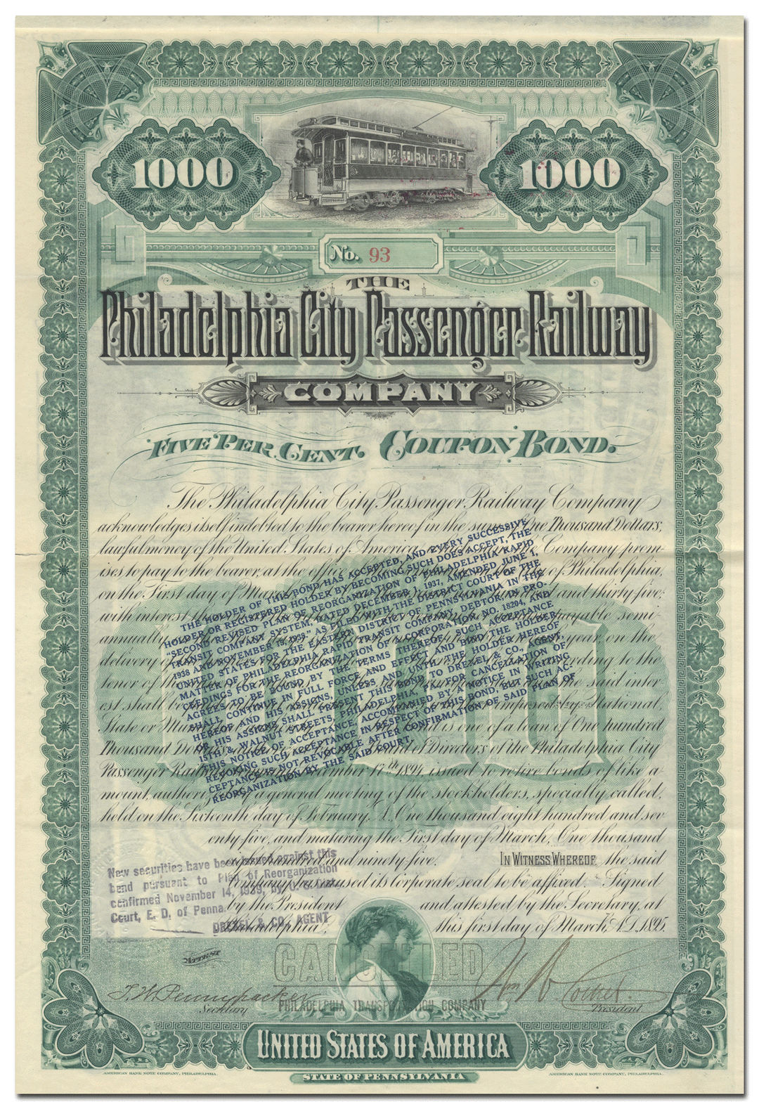 Philadelphia City Passenger Railway Company Bond Certificate