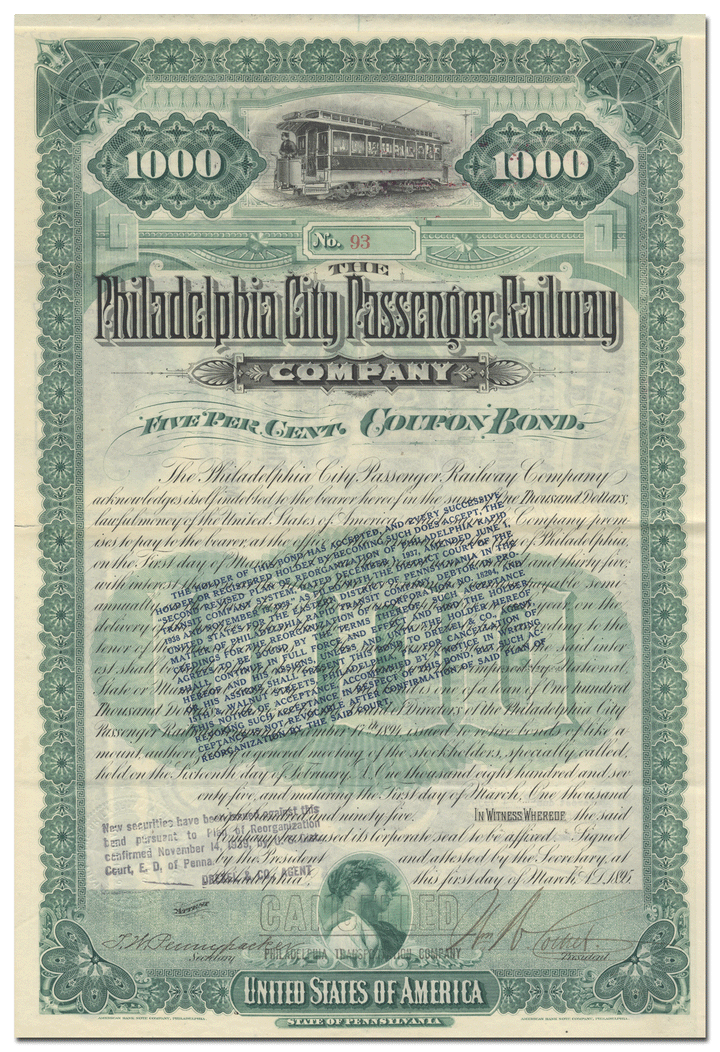 Philadelphia City Passenger Railway Company Bond Certificate