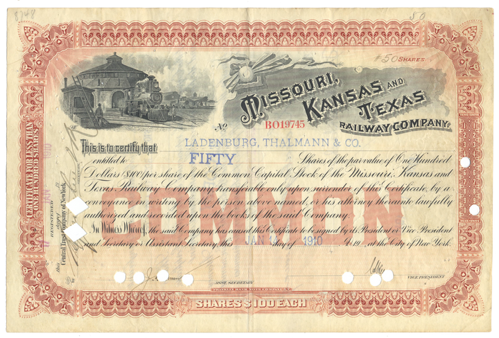 Missouri, Kansas and Texas Railway Company Stock Certificate