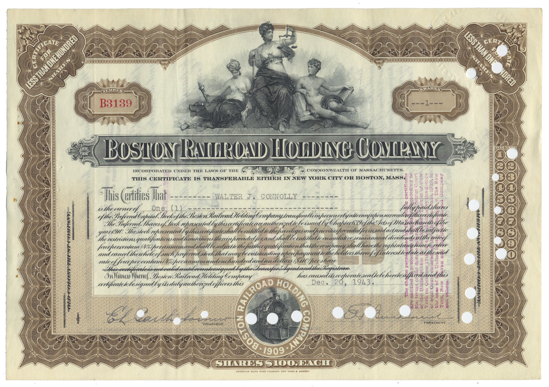 Boston Railroad Holding Company Stock Certificate