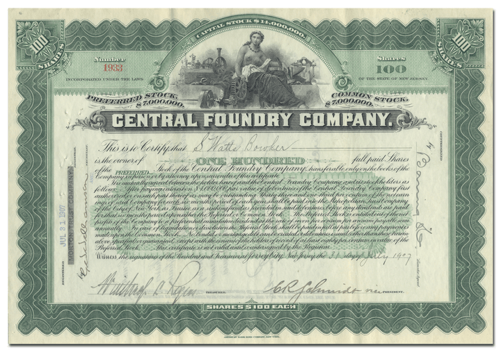 Central Foundry Company Stock Certificate