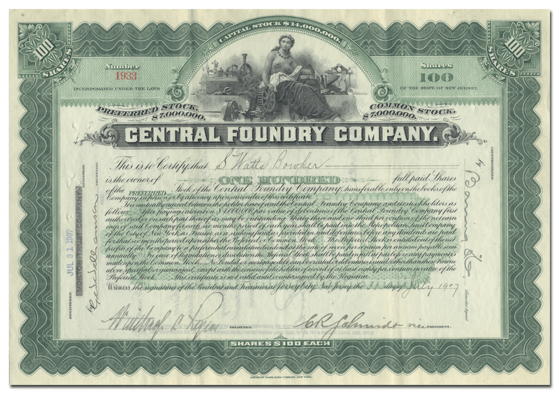 Central Foundry Company Stock Certificate