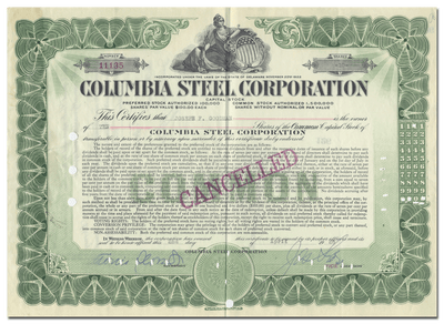 Columbia Steel  Corporation Stock Certificate