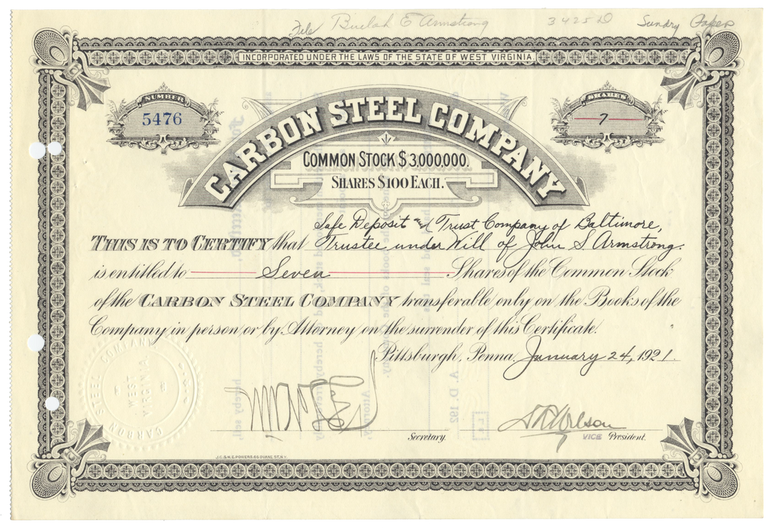 Carbon Steel Company Stock Certificate