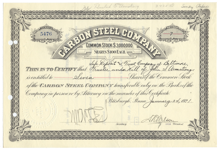 Carbon Steel Company Stock Certificate