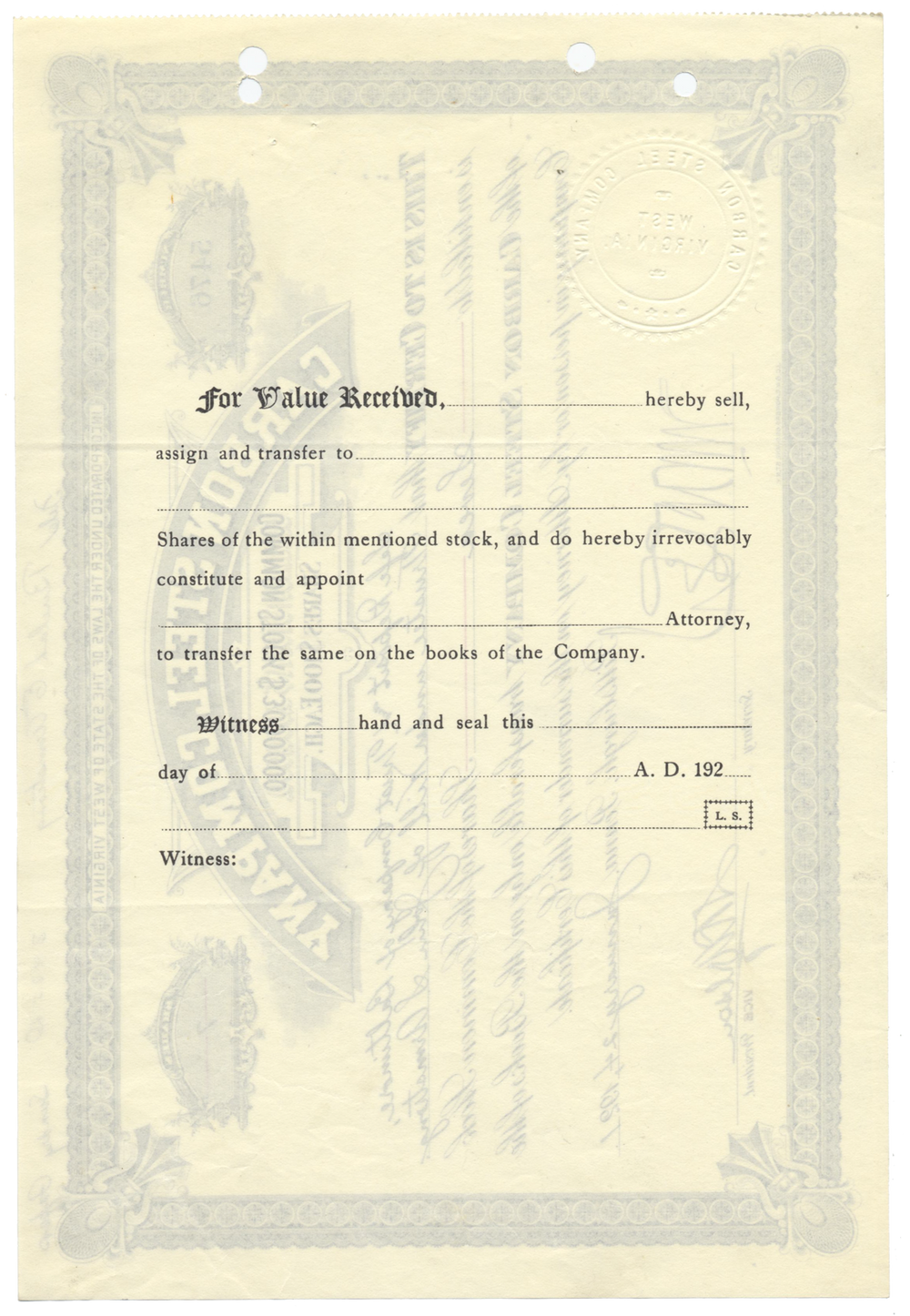 Carbon Steel Company Stock Certificate