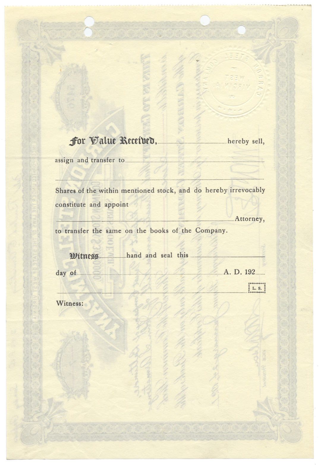 Carbon Steel Company Stock Certificate