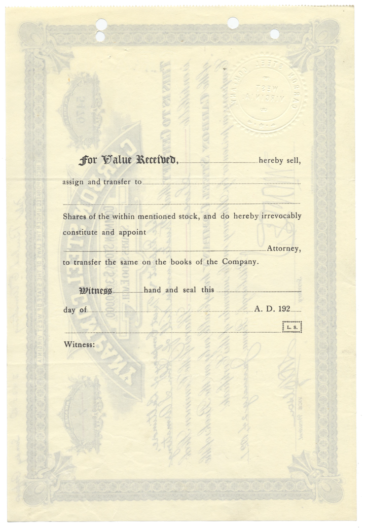 Carbon Steel Company Stock Certificate