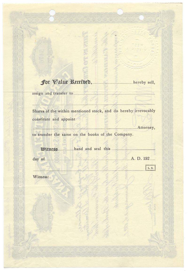 Carbon Steel Company Stock Certificate