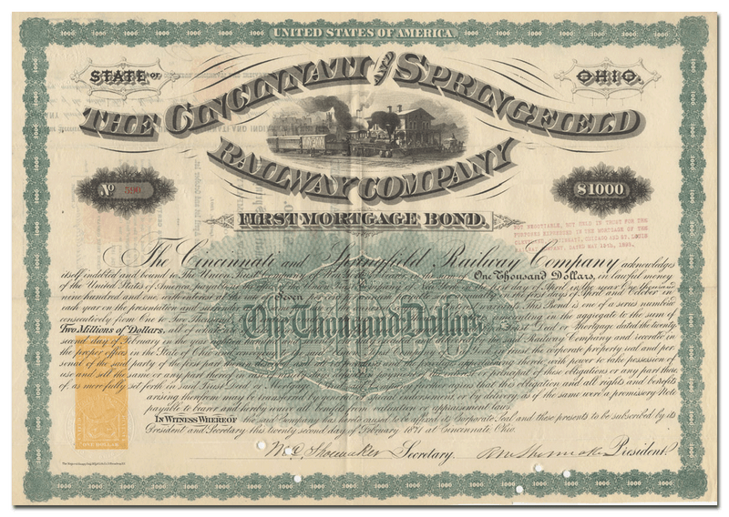 Cincinnati and Springfield Railway Company Bond Certificate