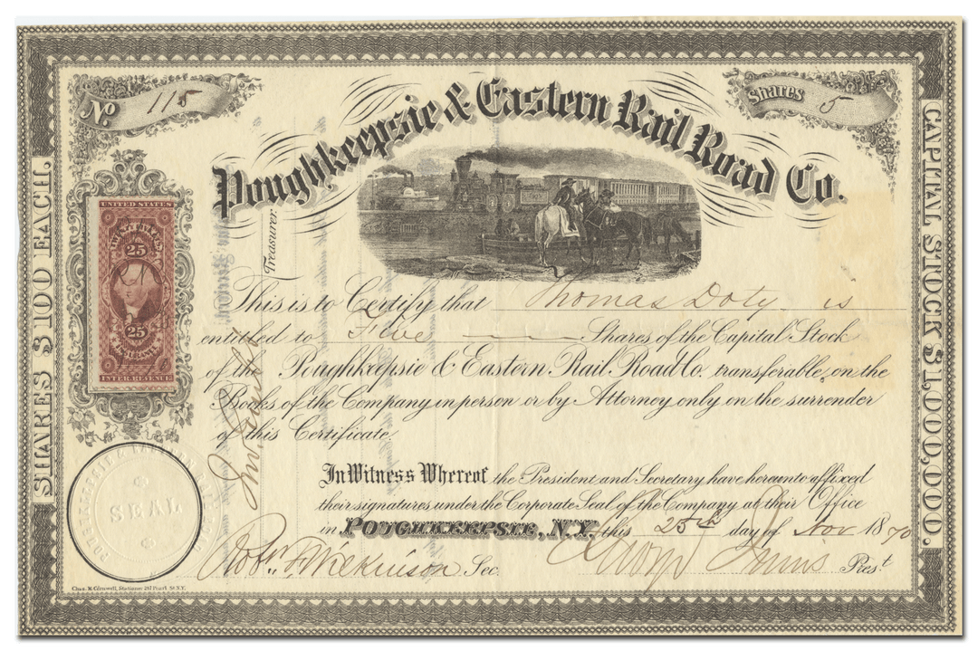 Poughkeepsie & Eastern Rail Road Co. Stock Certificate