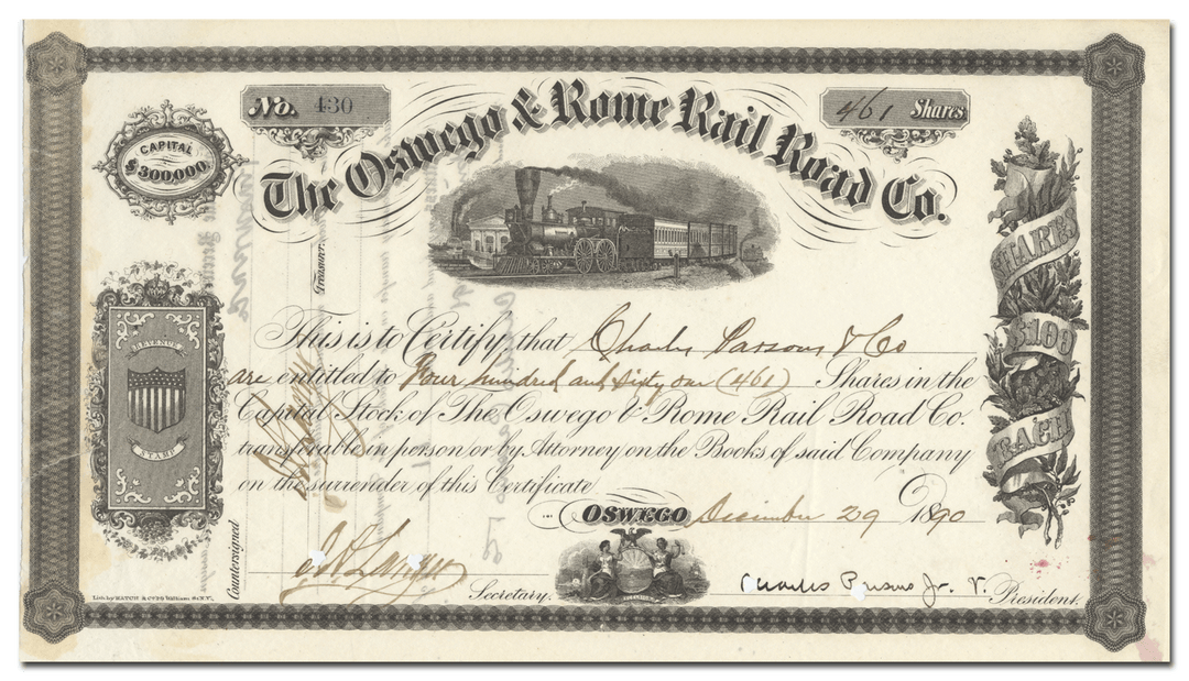 Oswego & Rome Rail Road Company Stock Certificate