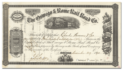 Oswego & Rome Rail Road Company Stock Certificate