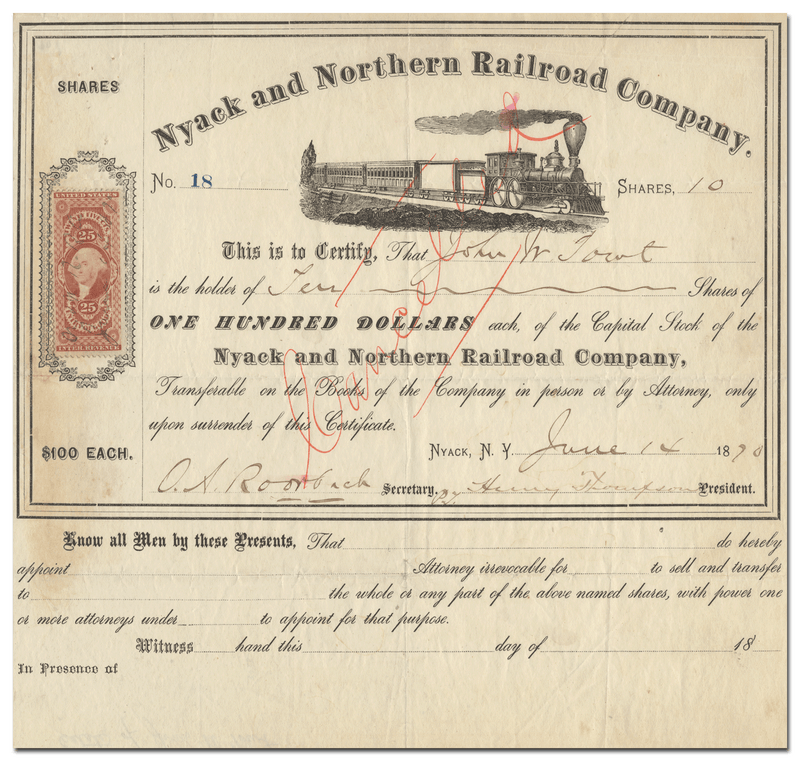 Nyack and Northern Railroad Company Stock Certificate