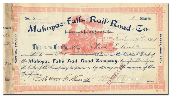 Mahopac Falls Rail Road Company Stock Certificate