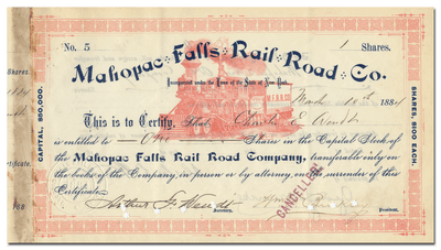 Mahopac Falls Rail Road Company Stock Certificate