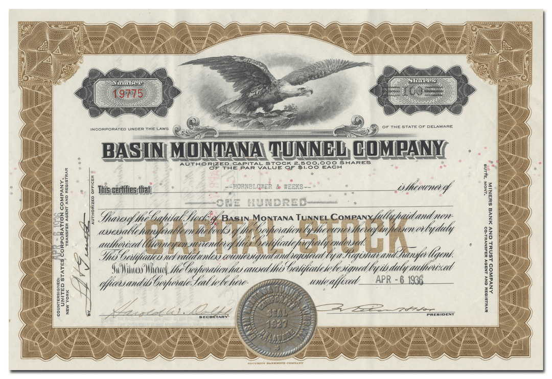 Basin Montana Tunnel Company Stock Certificate