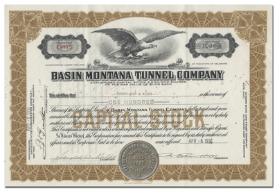 Basin Montana Tunnel Company Stock Certificate
