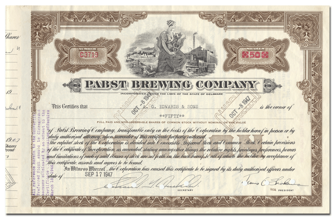 Pabst Brewing Company Stock Certificate