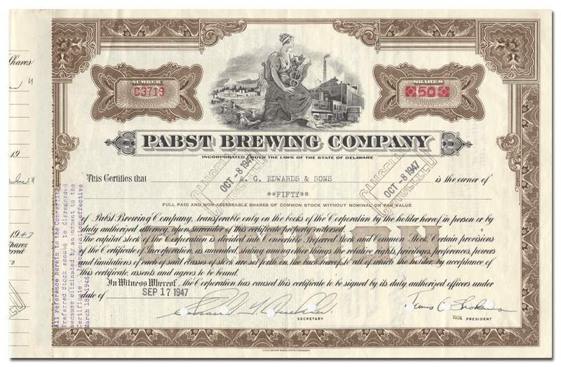 Pabst Brewing Company Stock Certificate