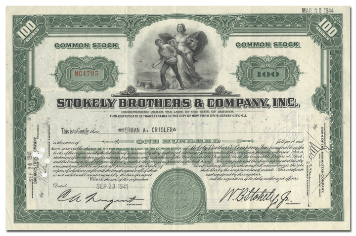 Stokely Brothers & Company, Inc. Stock Certificate