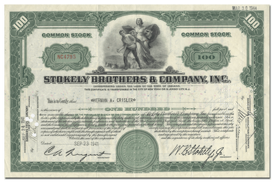 Stokely Brothers & Company, Inc. Stock Certificate
