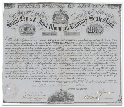 Saint Louis & Iron Mountain Railroad Company Bond Certificate Signed by Missouri Governor Hancock Jackson