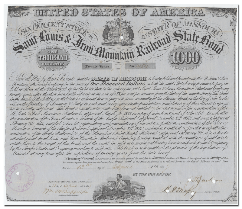 Saint Louis & Iron Mountain Railroad Company Bond Certificate Signed by Missouri Governor Hancock Jackson