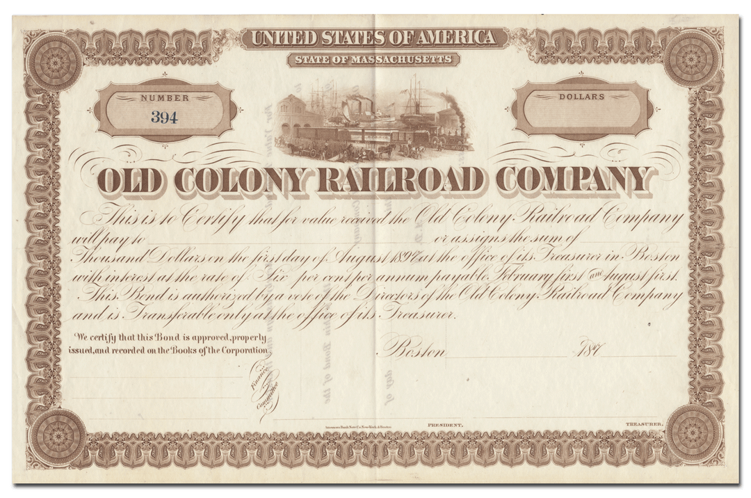 Old Colony Railroad Company Bond Certificate