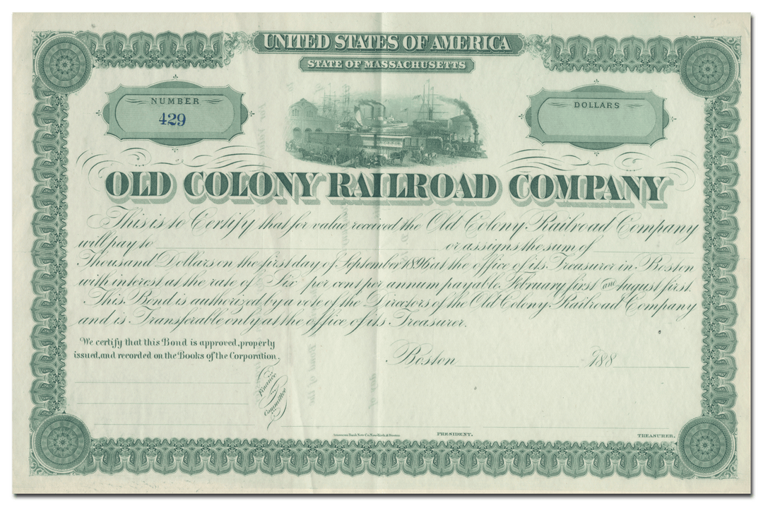 Old Colony Railroad Company Bond Certificate