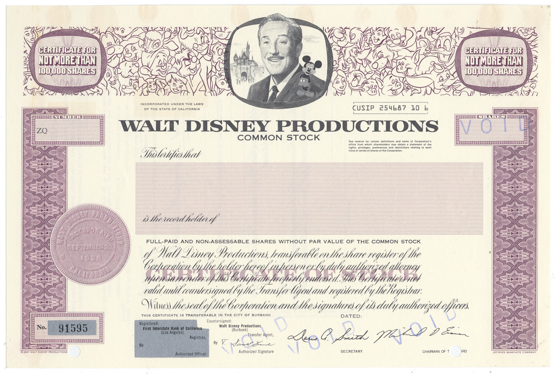 Walt Disney Productions Stock Certificate