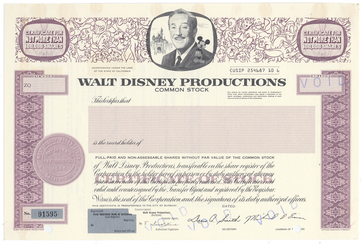 Walt Disney Productions Stock Certificate