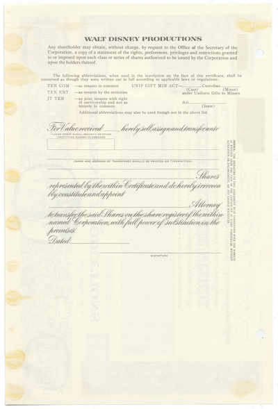 Walt Disney Productions Stock Certificate