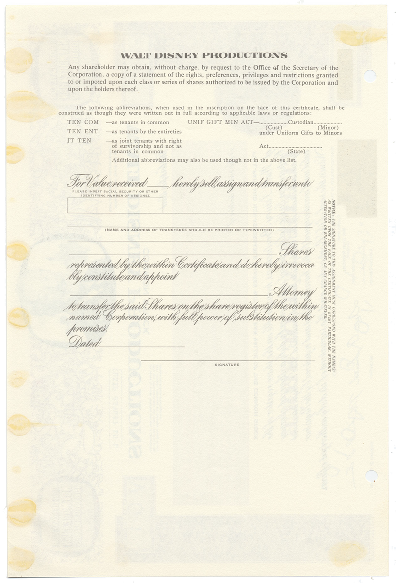 Walt Disney Productions Stock Certificate