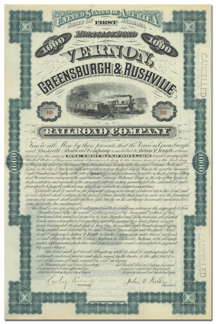 Vernon, Greensburgh & Rushville Railroad Company Bond Certificate