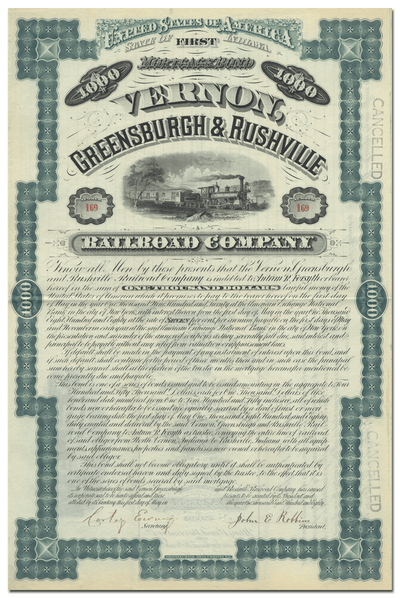 Vernon, Greensburgh & Rushville Railroad Company Bond Certificate