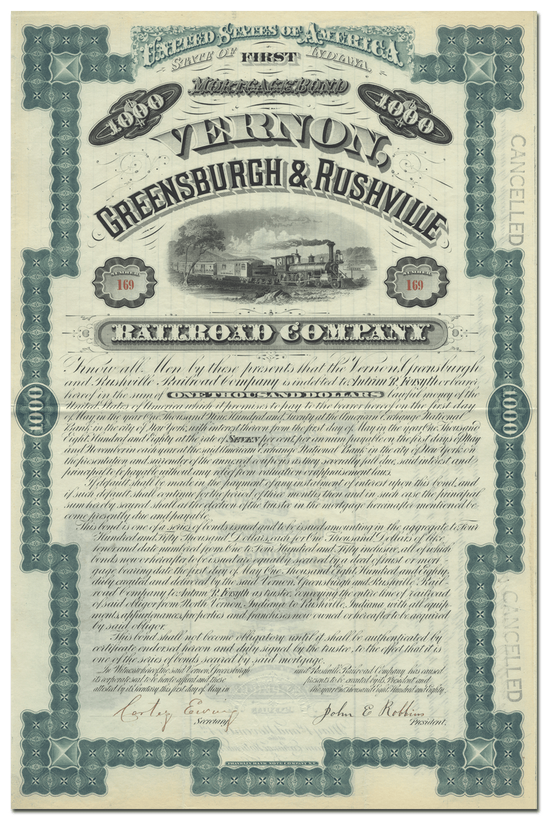 Vernon, Greensburgh & Rushville Railroad Company Bond Certificate