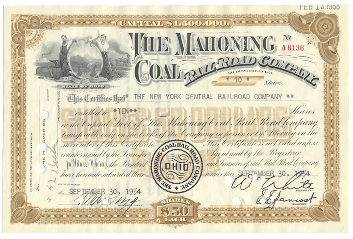 Mahoning Coal Rail Road Company Stock Certificate