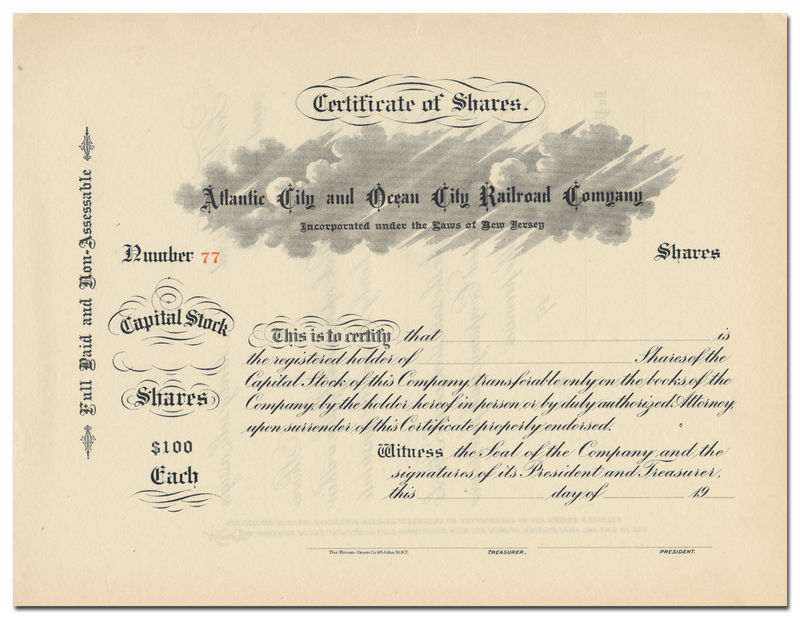 Atlantic City and Ocean City Railroad Company Stock Certificate