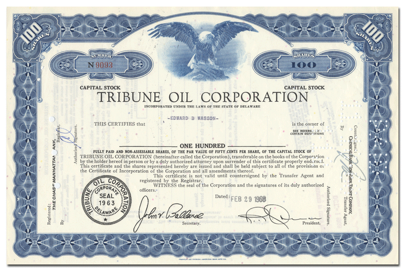 Tribune Oil Corporation Stock Certificate