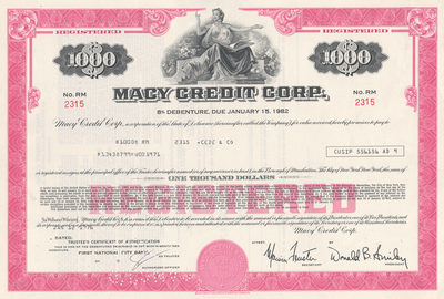 Macy Credit Corp. Bond Certificate